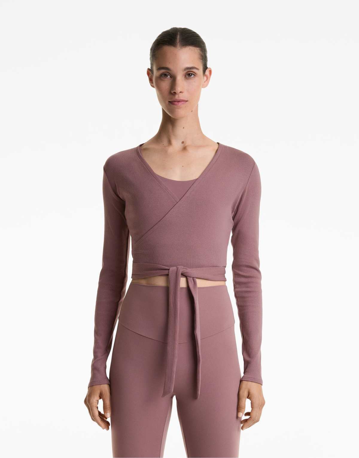 OYSHO Heavy rib cotton blend wrap top with tie in pink-mauve