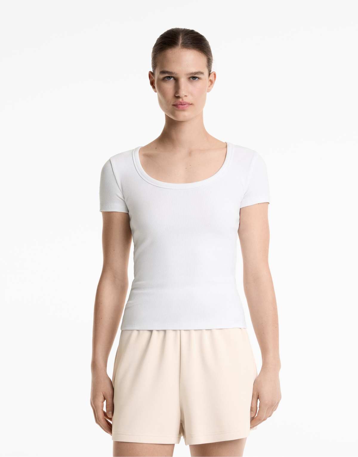 Oysho Heavy rib round neck t-shirt with modal in off-white