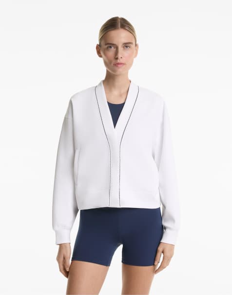 OYSHO Heavy weight cotton blend piqué cardigan. in off-white