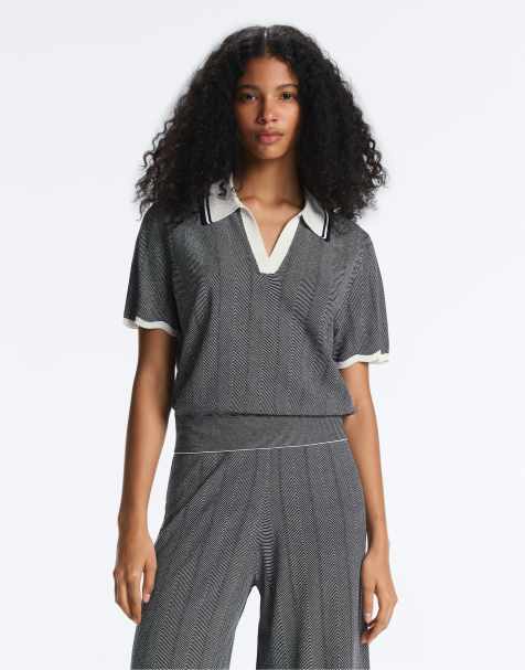 OYSHO Herringbone short sleeve knit polo shirt in navy