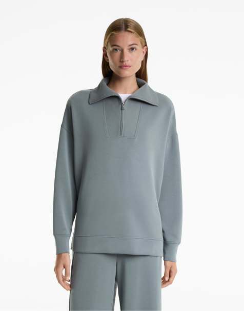 OYSHO High-collar long jacket with soft-touch modal in steel blue