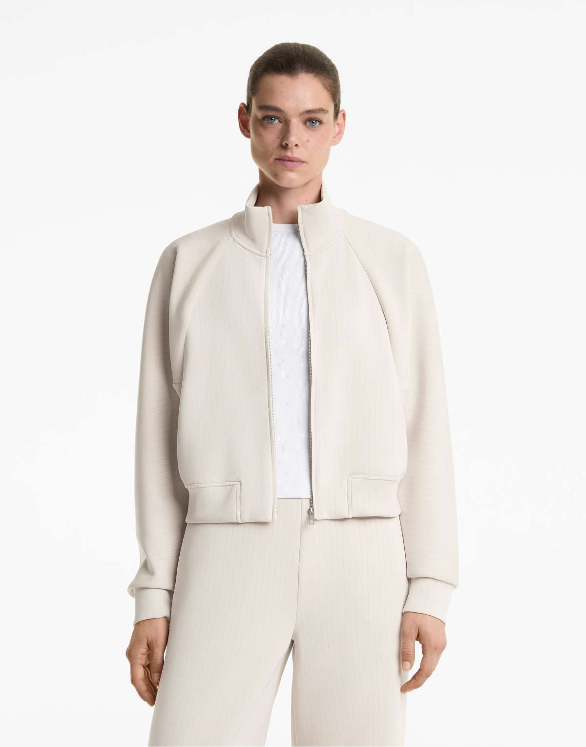 OYSHO High-collar striped jacket with soft-touch modal in light pink