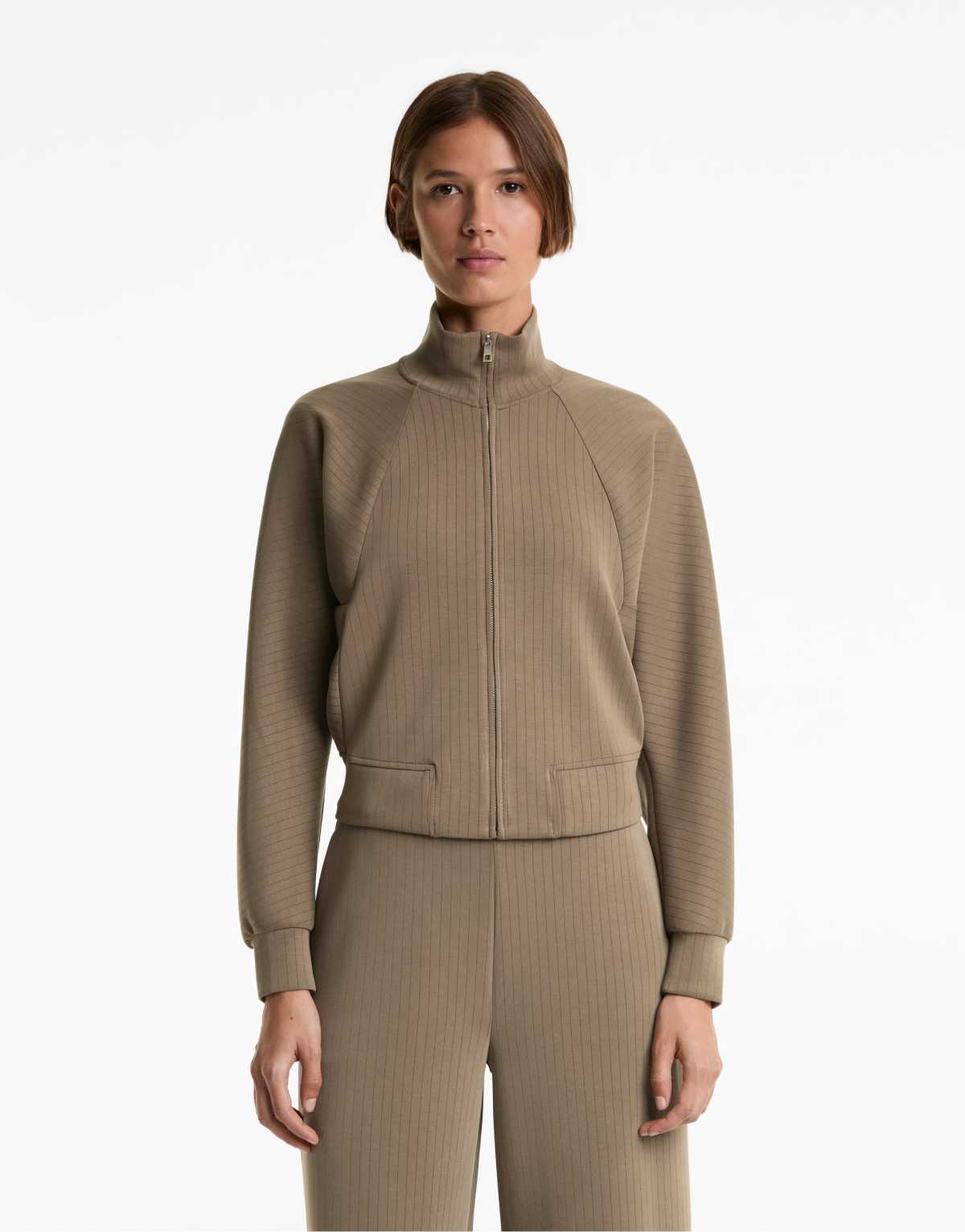 OYSHO High-collar striped jacket with soft-touch modal in mocha