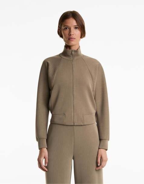 OYSHO High-collar striped jacket with soft-touch modal in mocha