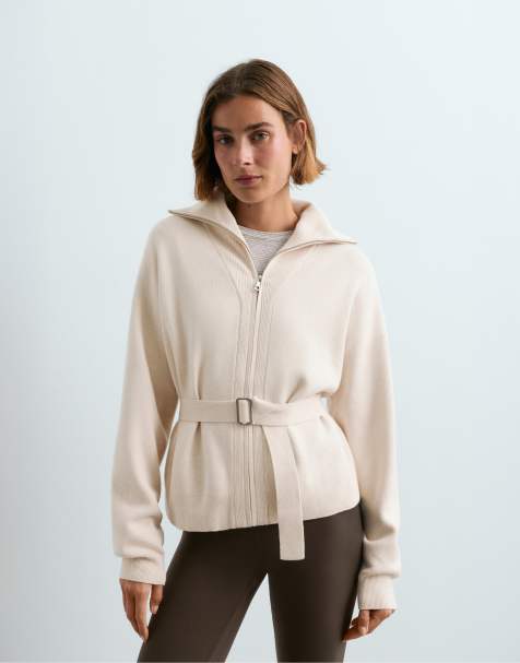 OYSHO High-neck belted jacket in ivory ecru - view 1