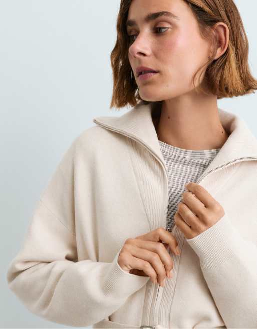 OYSHO High-neck belted jacket in ivory ecru, 3 of 6