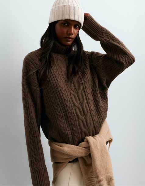OYSHO High neck cable knit jumper in brown - view 1