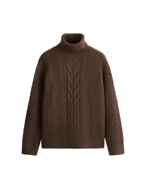 OYSHO High neck cable knit jumper in brown, 6 of 6