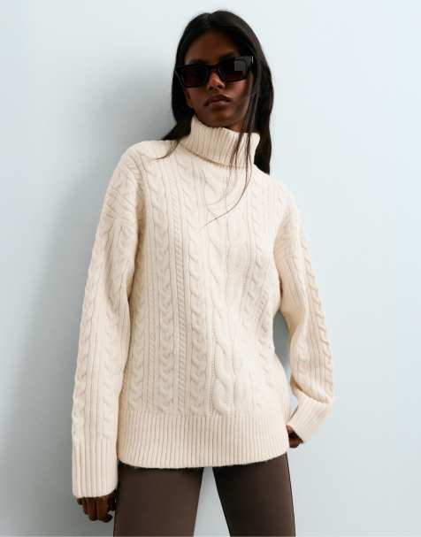 OYSHO High neck cable knit jumper in ecru - view 1