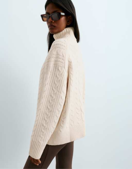 OYSHO High neck cable knit jumper in ecru, 4 of 6