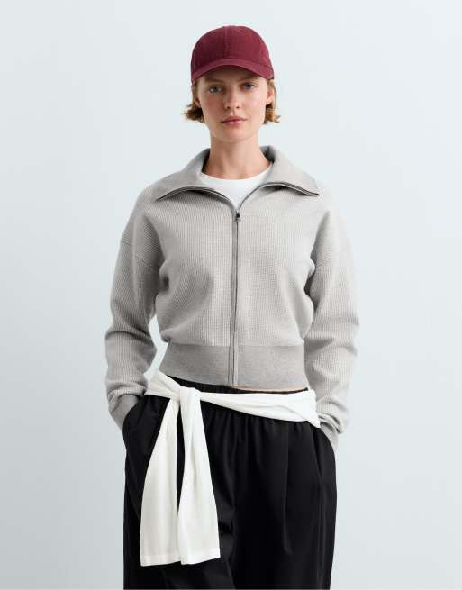 OYSHO High neck contrast knit jacket in grey, 2 of 5