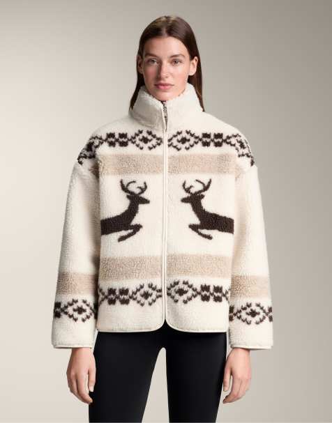 OYSHO High-neck deer faux-shearling jacket. in ecru - view 1