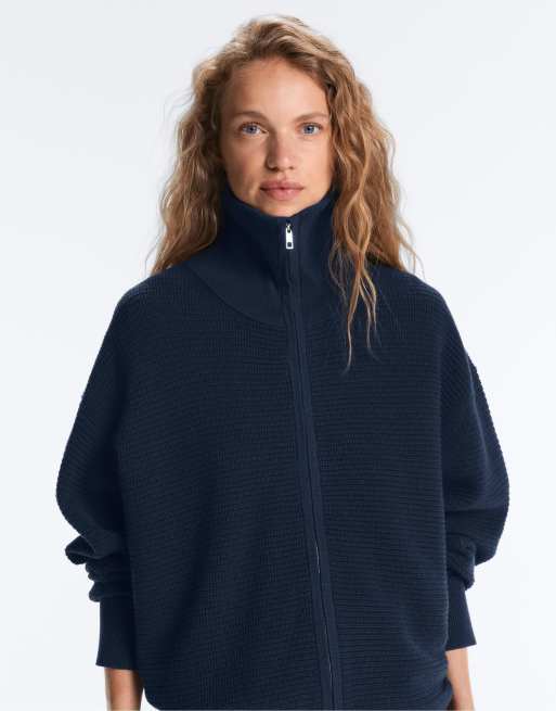 OYSHO High neck knit jacket in navy, 3 of 4