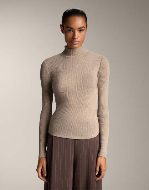 OYSHO High neck rib t-shirt with lyocell in mink melange - view 1