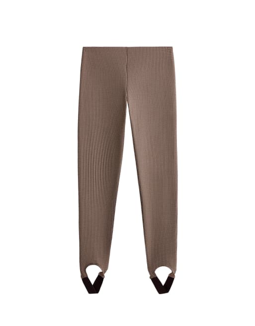OYSHO High rise ankle-length 65cm stirrup houndstooth jacquard leggings in brown, 6 of 6