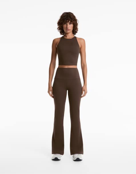 Oysho High-rise comfortlux flare trousers in dark brown - view 1
