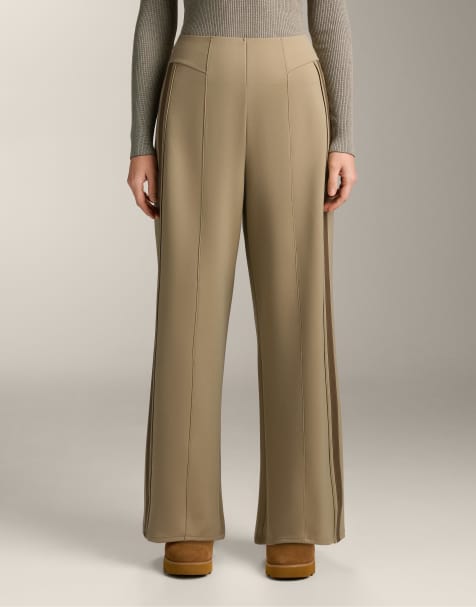OYSHO High rise neoprene-effect straight-leg trousers with piping in khaki