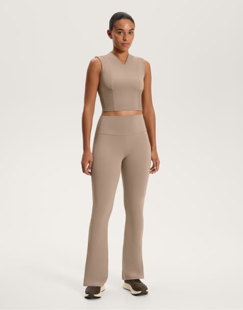 OYSHO High-rise rib comfortlux flare trousers in mid-mink