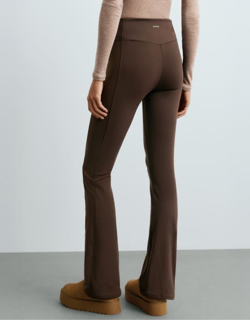 OYSHO High rise warm flare trousers with zips in brown, 4 of 5
