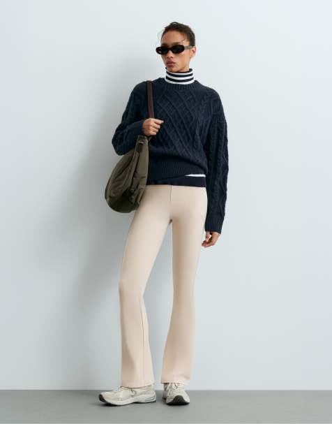 OYSHO High rise warm flare trousers with zips in ecru - view 1