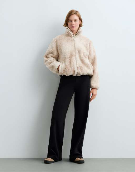OYSHO High rise warm straight trousers with zips in black, 2 of 4