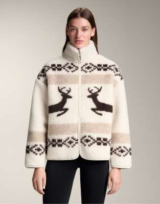 OYSHO - Hochgeschlossene Jacke aus Lammfellimitat in Ecru mit Rehmotiven-Neutral