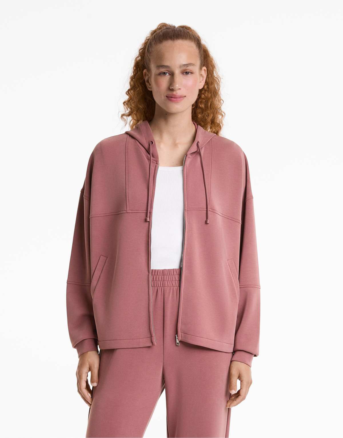OYSHO Hooded jacket with soft-touch modal in dark rosette