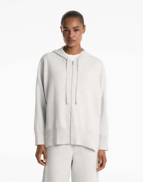 OYSHO Hooded long knit jacket in pale grey melange - view 1