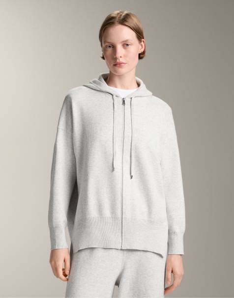 OYSHO Hooded long knit jacket in pale grey melange