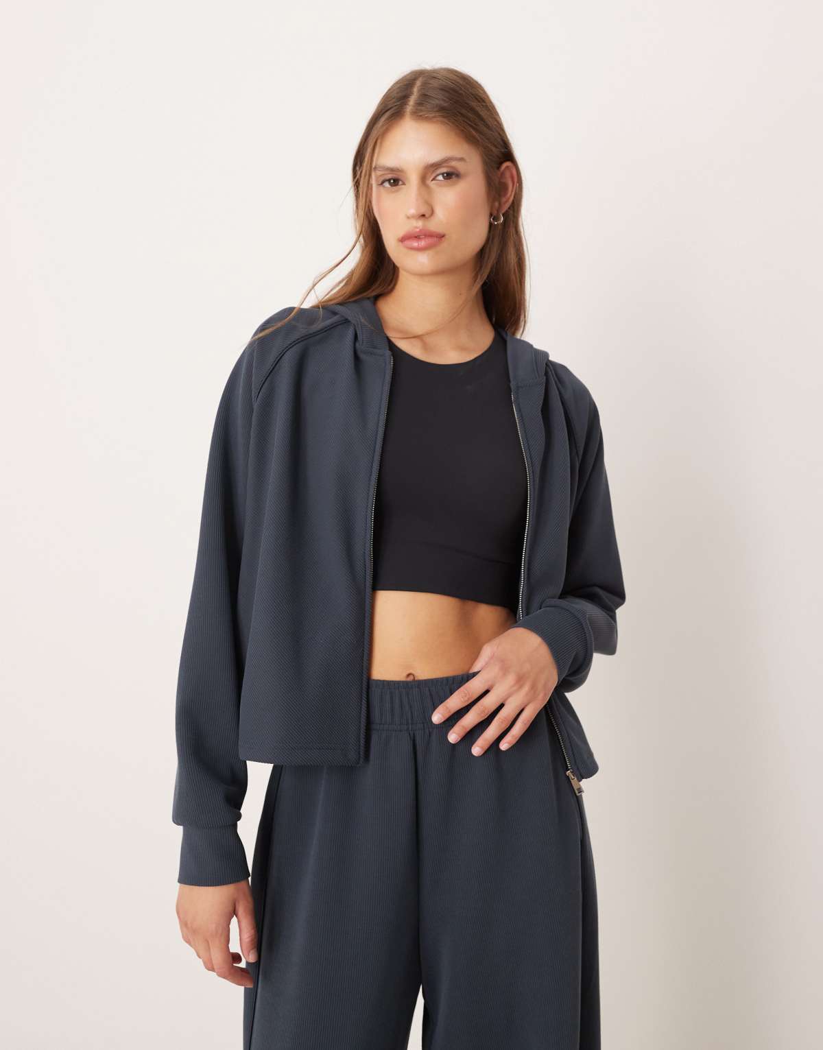 OYSHO Hooded rib jacket with 29% modal in grey