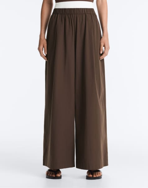 Oysho – Hose aus 100% Baumwoll-Popeline in Braun mit weitem Bein - view 1