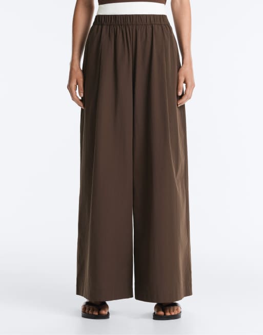 Oysho – Hose aus 100% Baumwoll-Popeline in Braun mit weitem Bein, 2 von 4