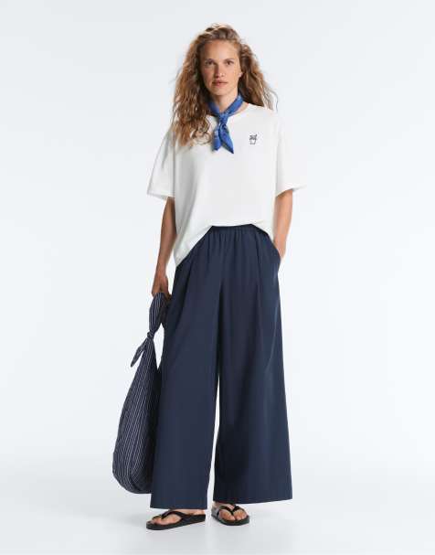 Oysho – Hose aus 100% Baumwoll-Popeline in Marineblau mit weitem Bein - view 1