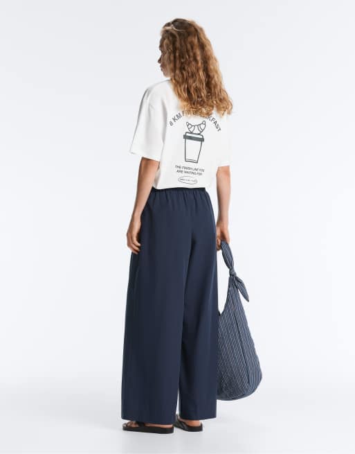 Oysho – Hose aus 100% Baumwoll-Popeline in Marineblau mit weitem Bein, 4 von 4
