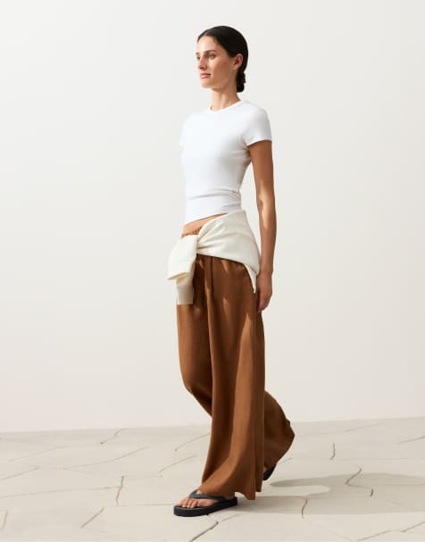 OYSHO – Hose aus 100% Leinen in Braun mit weitem Bein - view 1
