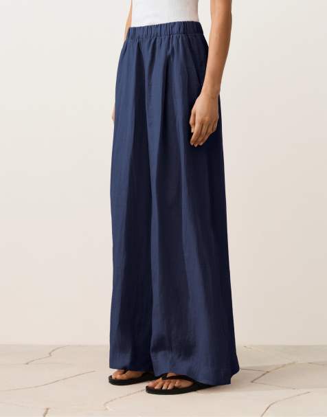 OYSHO – Hose aus 100% Leinen in Marineblau mit weitem Bein - view 1