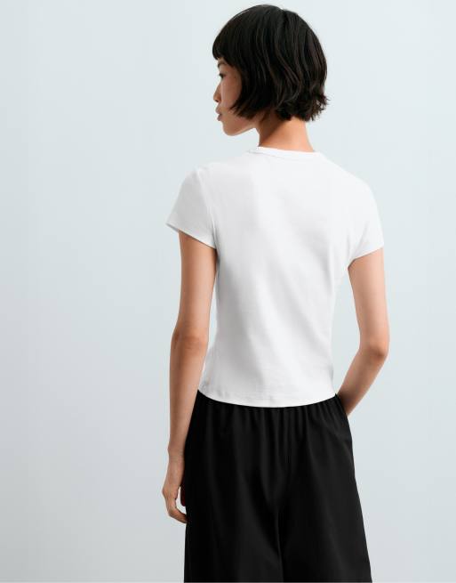 OYSHO - Hvid figursyet ribstrikket T-shirt i bomuldsblanding, 4 af 6