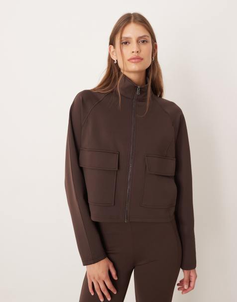 OYSHO – Jacke aus Material in Neoprenoptik in Braun mit Taschen - view 1