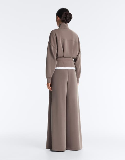 OYSHO – Jacke aus weichem Modal in Taupe-Grau mit Korsettgürtel, 2 von 4