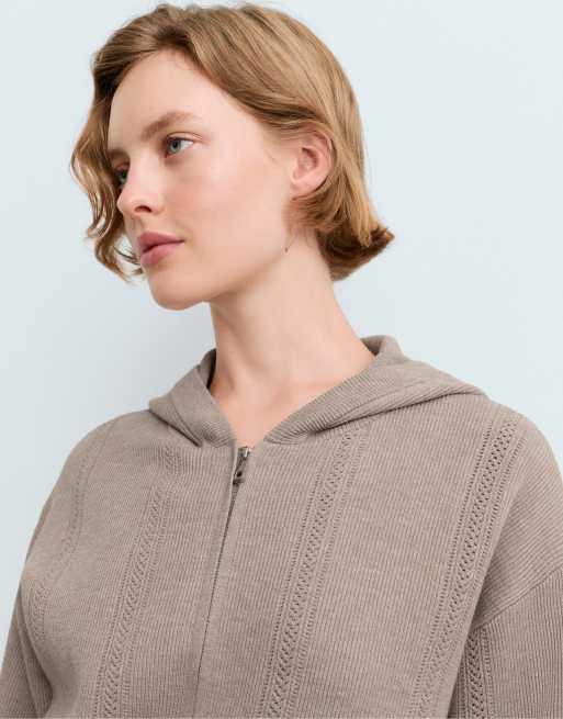 OYSHO Jacke mit offener Strickstruktur und Kapuze in Mink, 3 von 7
