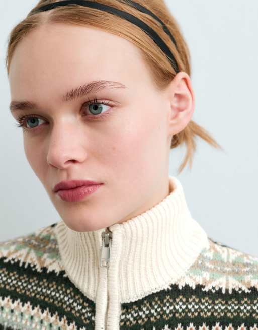 OYSHO Jacquard knit jacket with high collar in ecru and green, 3 of 5