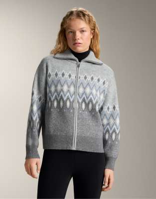 OYSHO - Jacquard-Strickjacke in Grau meliert mit 10% Wolle