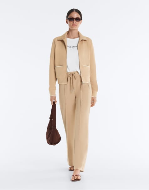 OYSHO jakke i bomuldspiqué med piping i beige - view 1