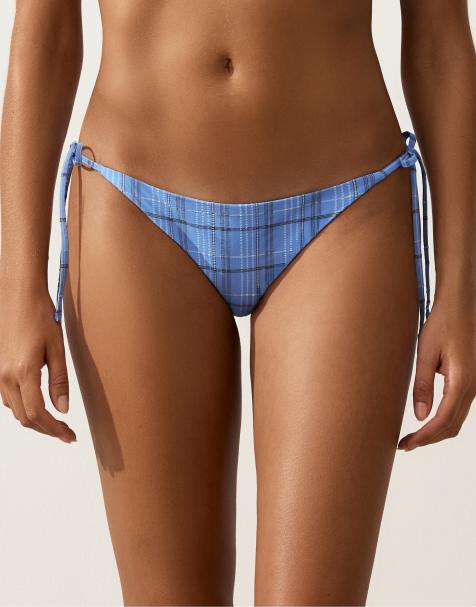 OYSHO – Karierte Bikinihose in Blau mit mittlerer Abdeckung und Bindedetail - view 1