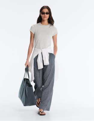 Karierte Hose aus Baumwollmix in Graublau mit weitem Bein Blau S