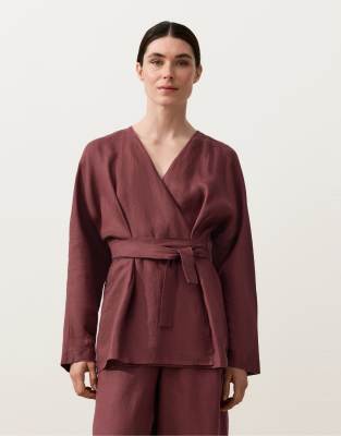 OYSHO - Kariertes Kimono-Hemd aus 100% Leinen in Dunkelrot und Weiß-Grün