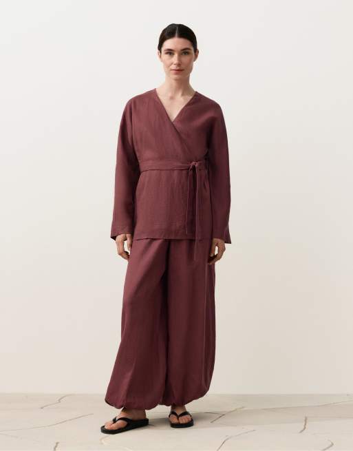 OYSHO – Kariertes Kimono-Hemd aus 100% Leinen in Dunkelrot und Weiß, 2 von 4