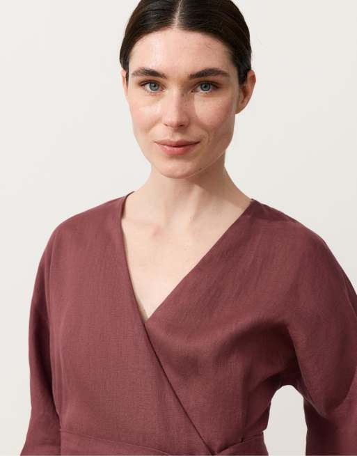 OYSHO – Kariertes Kimono-Hemd aus 100% Leinen in Dunkelrot und Weiß, 3 von 4