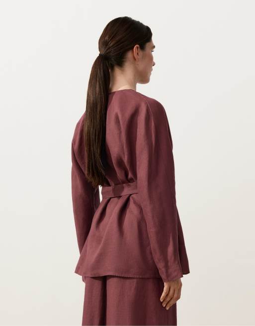 OYSHO – Kariertes Kimono-Hemd aus 100% Leinen in Dunkelrot und Weiß, 4 von 4