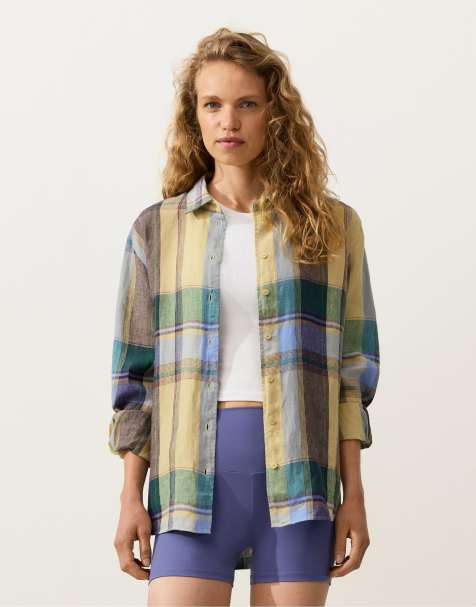 OYSHO – Kariertes Regular-Fit-Hemd in Gelb und Grün aus 100% Leinen - view 1